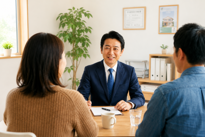 店舗のカウンターで空き家の売却について相談する所有者と担当者